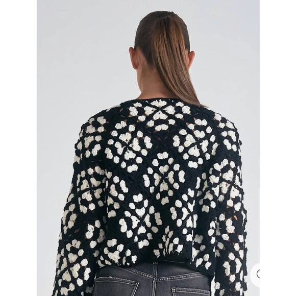 Elan Kylee Macrame Crochet Cropped Cardigan in Black/White, S - Picture 2 of 11